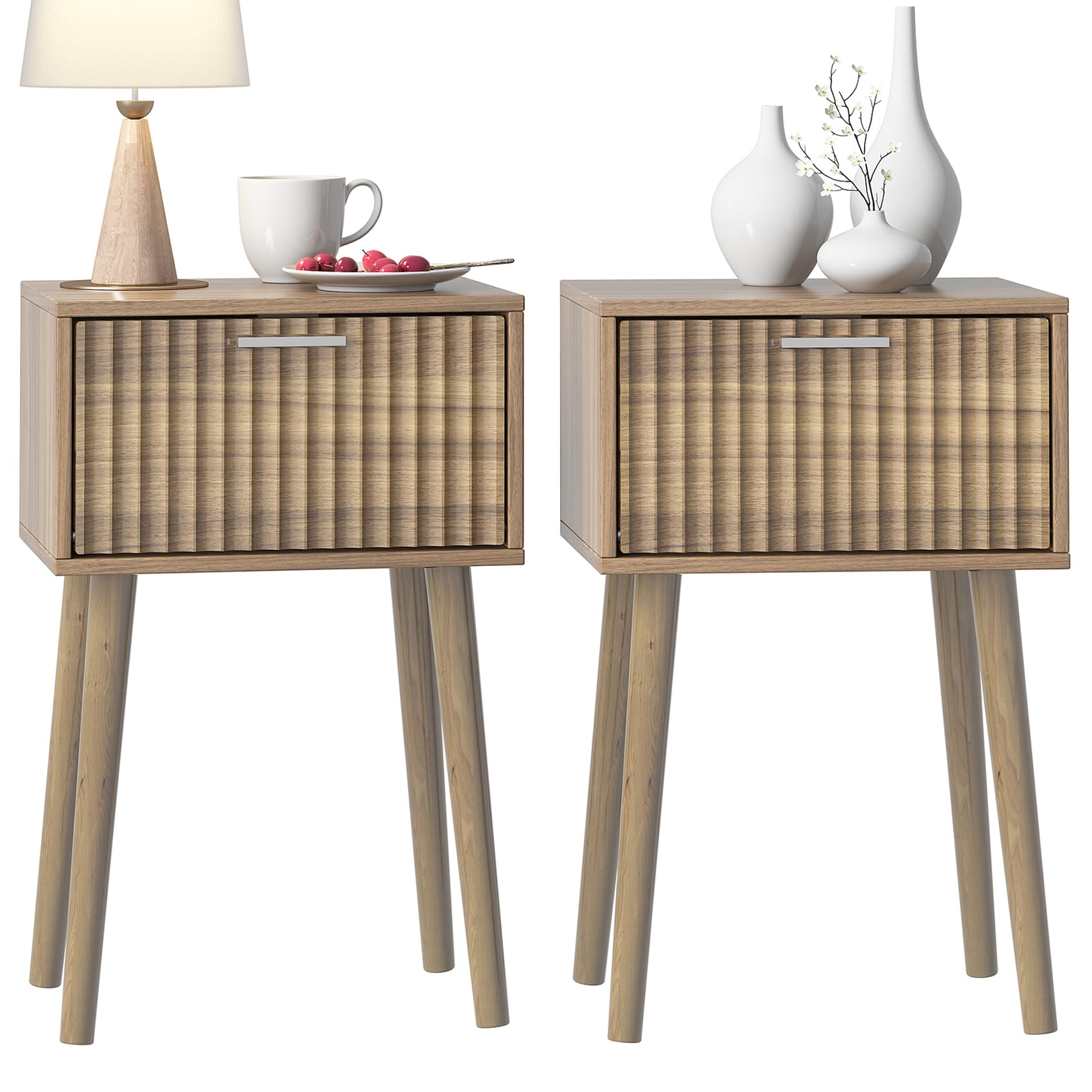 Photo 1 of LAATOOREE Nightstands Set of 2, Small Size Side End Table, Bedside Table with Fluted Door, Solid Wood Feet; for Bedroom, Small Bed