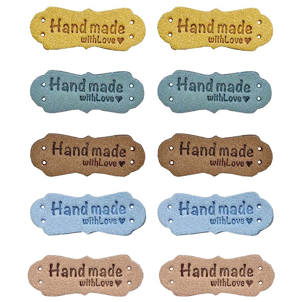Daimay 50PCS PU Leather Label Clothing Hand Made Embossed Tag Embellishment Knit DIY Accessories for Jeans Bags Shoes Hat –1.5x4.2cm 5 Colors Style 1