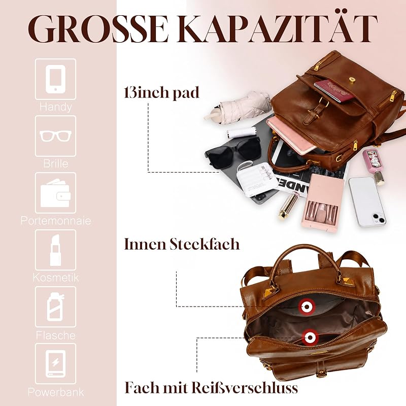 Rucksack Damen Wasserdicht,Diebstahlsicherer Cityrucksack,Veganes Leder Rucksack,eleganter Tagesrucksack,Leichte Rucksackhandtasche für Alltag,Pendeln,Büro,Uni und Reisen