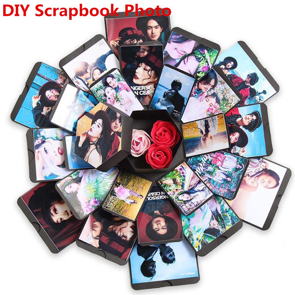 BaSeng Explosion Gift Box DIY Photo Album Box Handmade Album Scrapbook DIY Self-adhesion Scrapbook Photo Album for Christmas Birthday Day Valentine's Day (Random Ribbon Color)