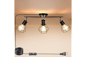 HiBay Track Lighting Plug in, 3-Light Directional Ceiling Light Fixture Black, Farmhouse Plug-in Track Light E26 Wall Spotlight with 16.4ft Cord & in-Line On/Off Switch for Kitchen Dining Room