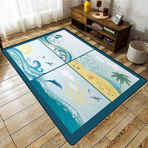 Alfombra de área de colección, con diseño de marcos, con olas, árboles
