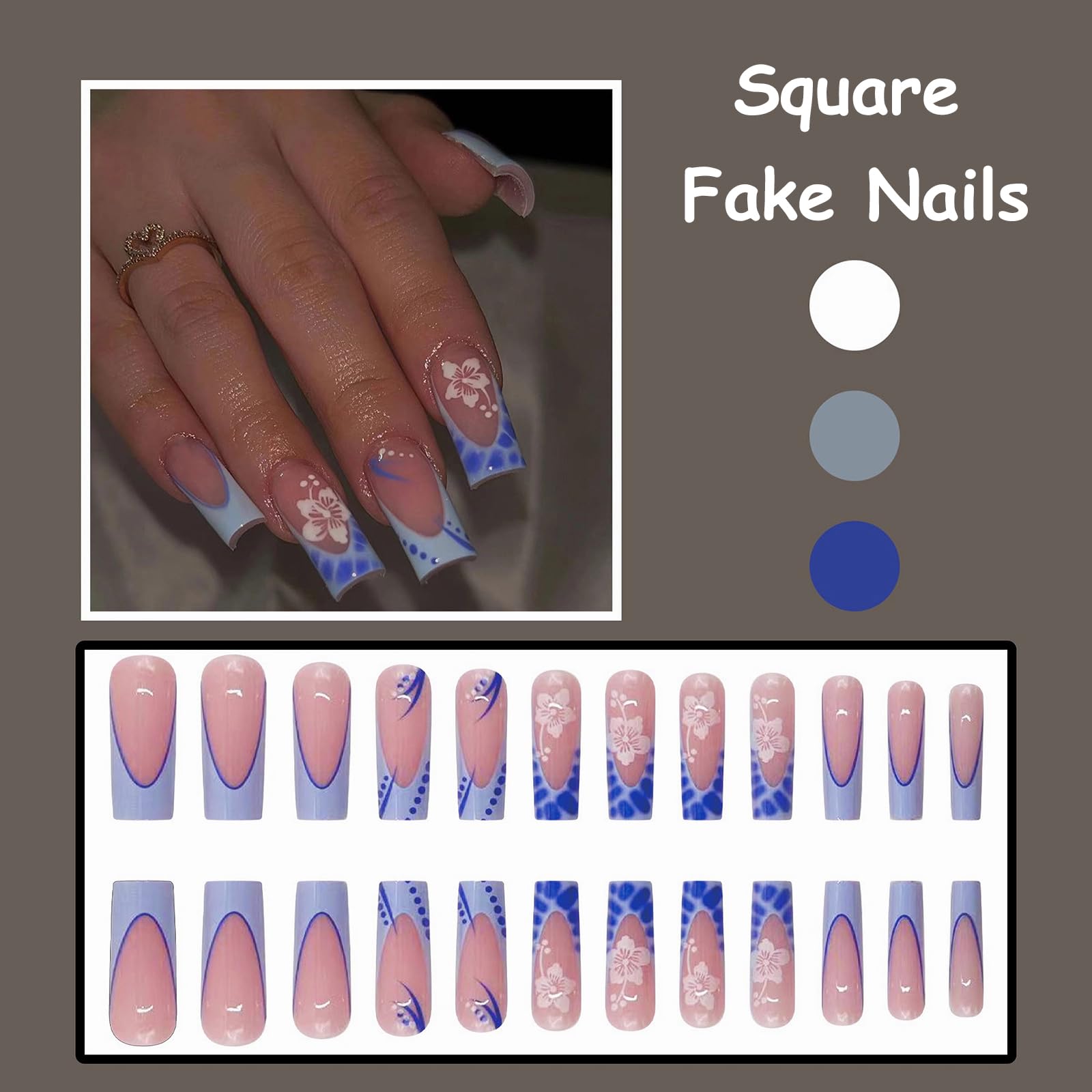 MISUD Press on Nails - Long Square Glue on Nails with Blue French Tip, Acrylic Squoval Artificial Summer Flower Design, 24 pcs - Image 5