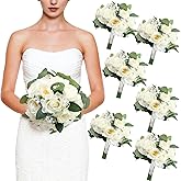 DIYDOFUN Set of 6 Bridesmaid Bouquets, 11 Inch Artificial Tossing Flower with Ribbons for Wedding Church Ceremony Bridal Shower Event Centerpieces Decorations - White