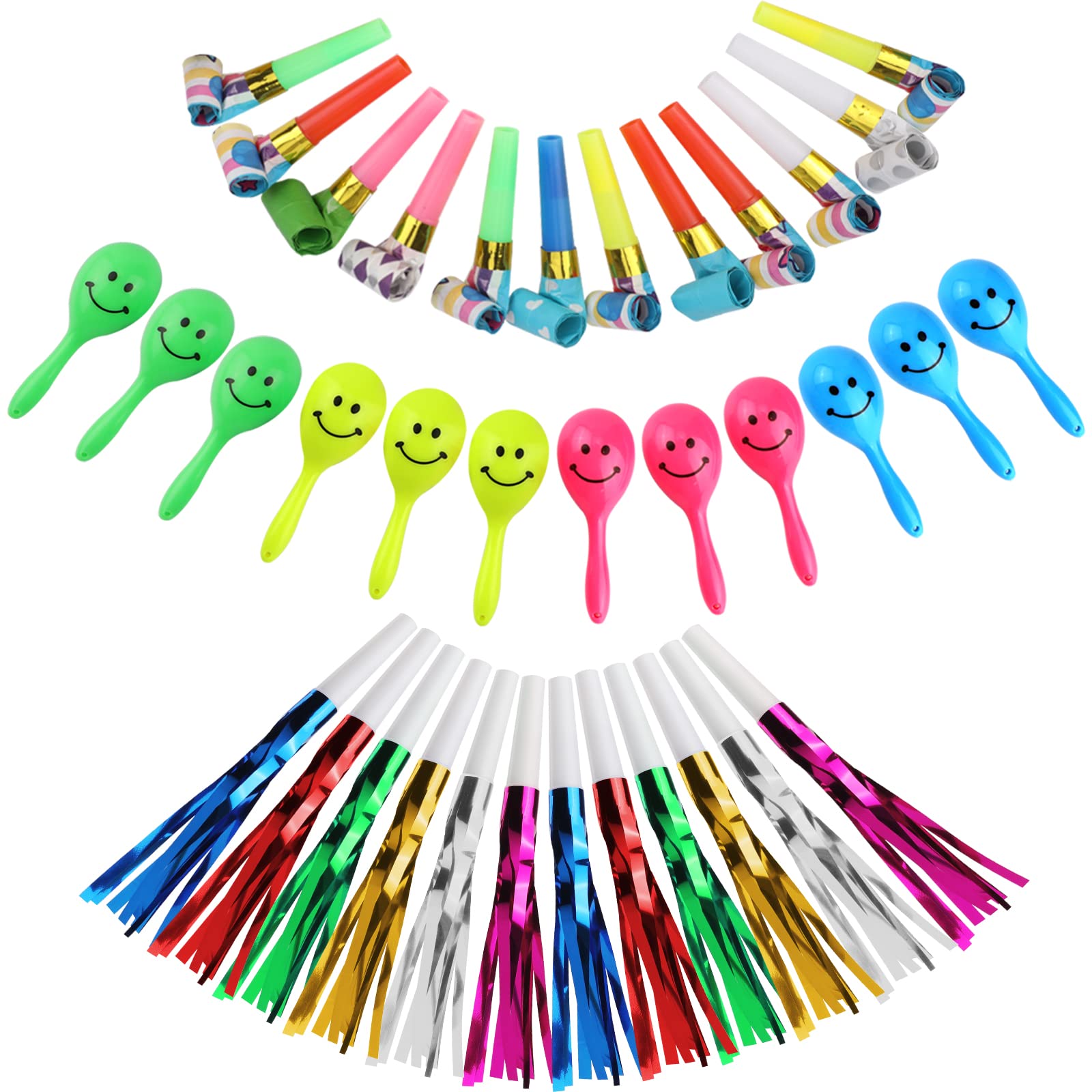 Pwsap 36PCS in 3Kinds Party Noisemakers Set, Funny Paper Blowouts Blowers, Glitter Fringed Metal Blowouts, Mini Neon Music Hand Shakers, Birthday Kids Party Fiesta Decorations Party Favors Supplies