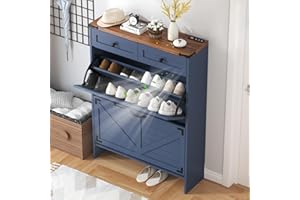JMHDYG Shoe Cabinet with 2 Flip Drawers and Deodorizing Function, Hidden Shoe Storage Cabinet with 2 Pull-out Drawers, Farmhouse Shoe Organizer for Entryway, Narrow Shoe Rack for Front Door Entrance, Blue