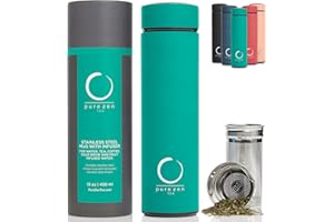 PURE ZEN TEA Zen Insulated Tea Thermos with Infuser - Portable Tea Infuser Bottle - Travel Tea Mug with Infuser and Lid - Unique Gifts for Tea Lovers - Insulated Tea Tumbler with Infuser and Lid - 15 oz - Green
