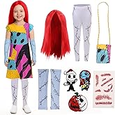 10PCS Girls Sally Christmas Costume, Night-mare Sally Fancy Dress Outfits with Red Wig Bag Sleeves Leggings Halloween Props