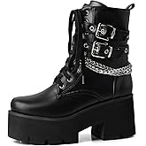 LUXMAX Women Buckle Goth Chunky Platform Ankle Boots Lace Up High Heel Motorcycle Boots with Chain