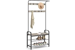 VASAGLE Coat Rack, Hall Tree with Shoe Bench for Entryway, Entryway Bench with Coat Rack, 4-in-1, Greige and Black UHSR400B02