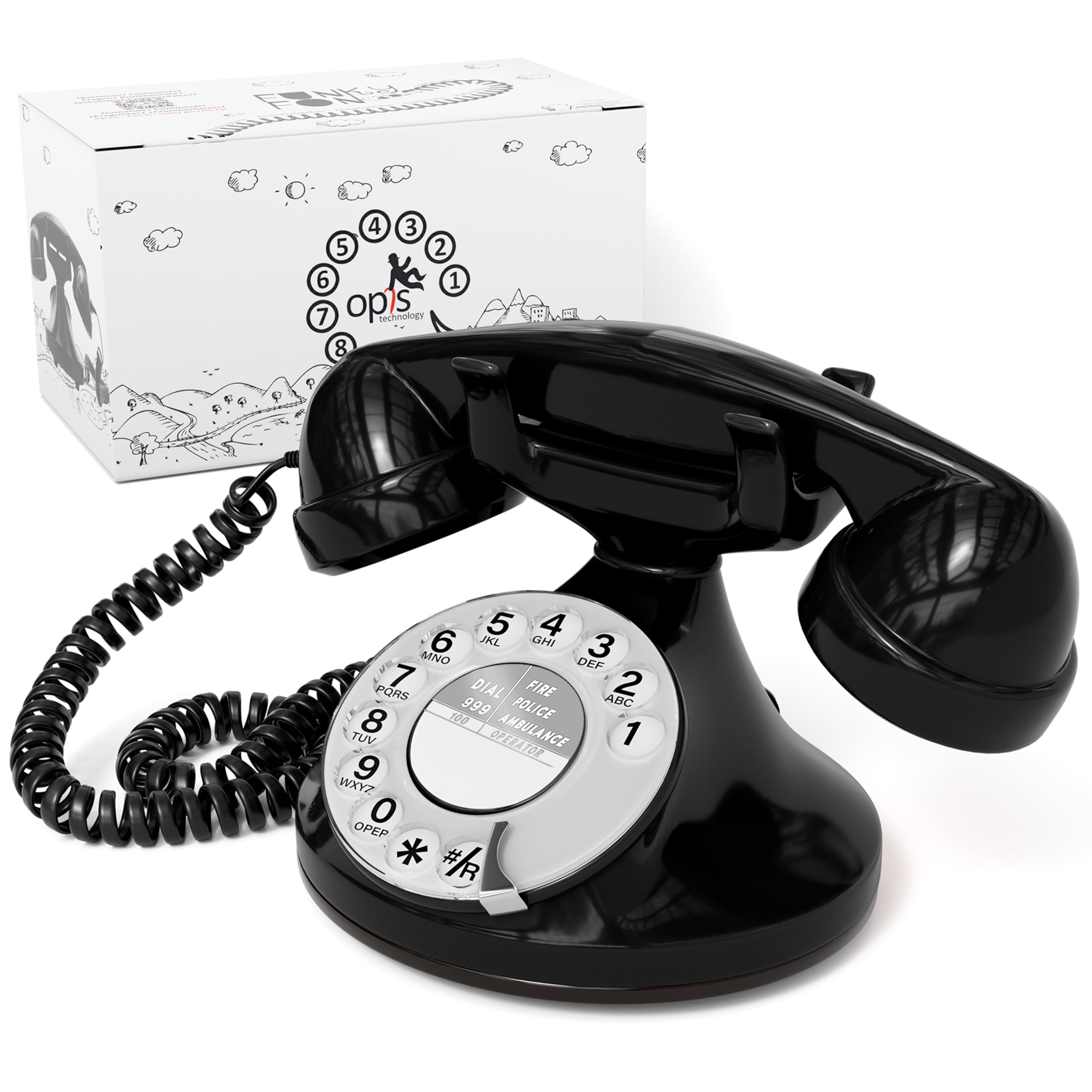 Opis FunkyFon Cable: A Retro Home Phone, Vintage Landline Phone for your Telephones Landline, offering Old Fashioned Telephones style in black