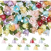 SUNNYCLUE 1 Box 120Pcs 10 Colors Floral Acrylic Charms Lily Flower Charms Bulk Brass Loops Plastic Blossom Spring Colorful Dangle Flowers Pendants for Jewelry Making Supplies DIY Earring Bracelet