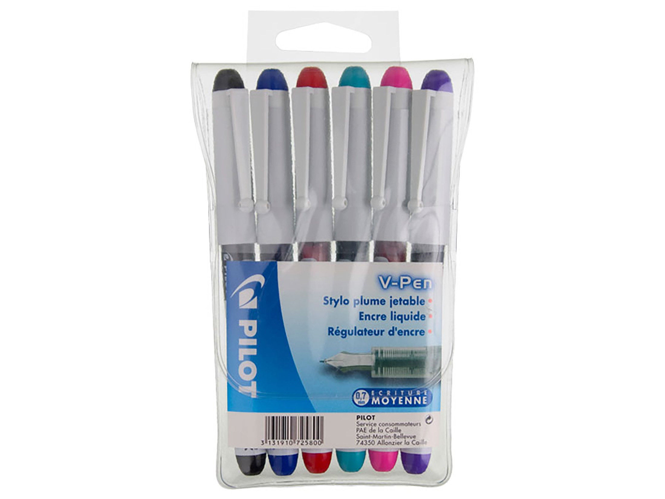 PILOT - 6 Erasable V-Pen Fountain Pens - Black/Blue/Red/Green/Pink/Purple - Medium Tip