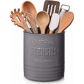 DOWAN 7.2" Large Ceramic Utensil Holder for Kitchen Counter, Grey | Heavy Ceramic Body, Large Utensil Crock for Spatulas and Spoons, Cork Mat, Scratch-Resistant Glaze, Cozy Gift