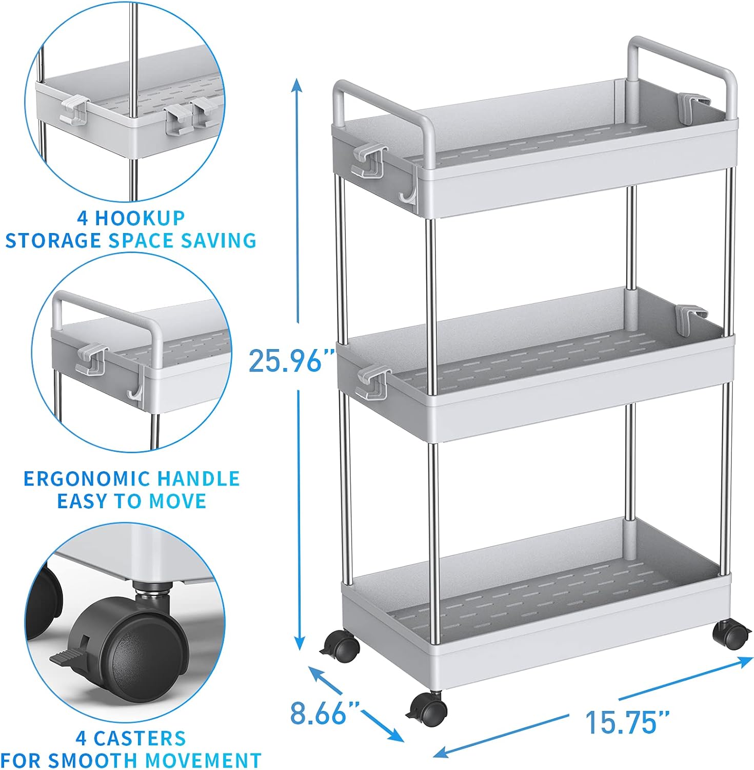 SOLEJAZZ Rolling Storage Cart 3-Tier Mobile Shelving Unit Bathroom Carts with Handle for Kitchen Bathroom Laundry Room, Gray: Kitchen & Dining