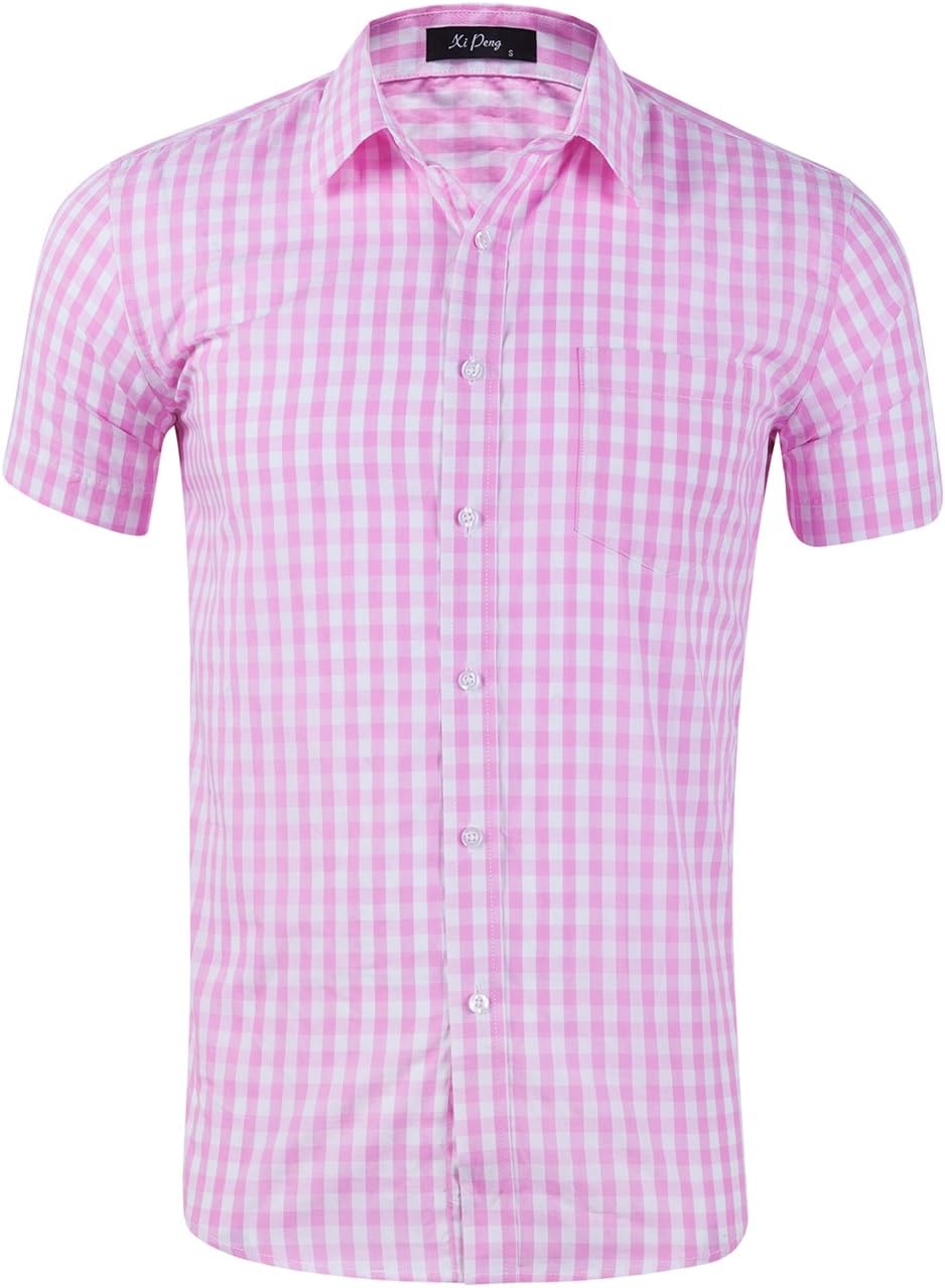 XI PENG Men's Casual Cotton Plaid Checkered Gingham Short Sleeve Dress Shirts