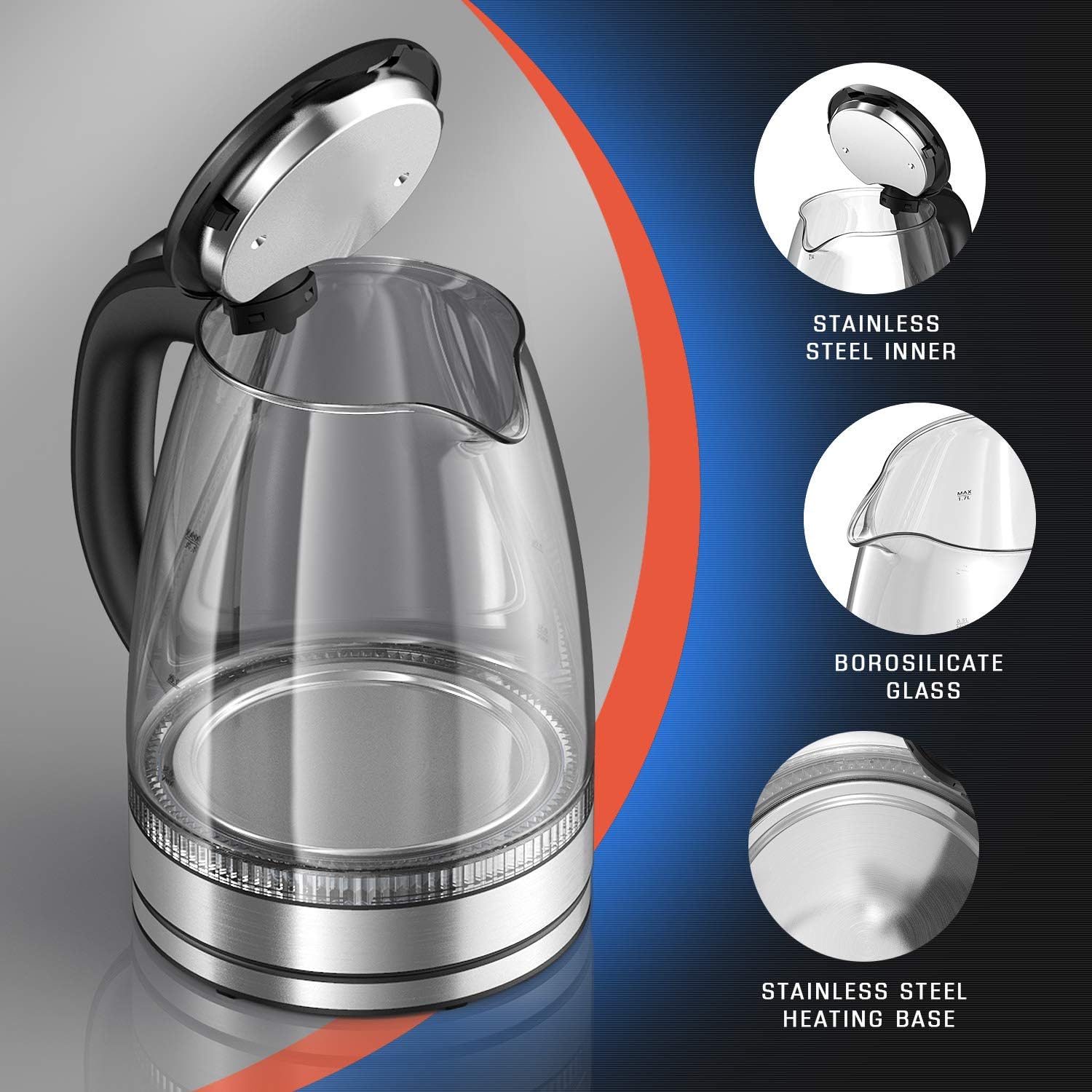 HadinEEon Electric Kettle 1.7L Glass Electric Tea Kettle (BPA Free) Cordless Teapot, Portable Electric Hot Water Kettle with Auto Shutoff Protection, Stainless Steel Lid & Bottom: Kitchen & Dining