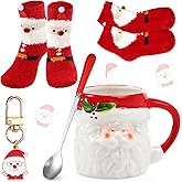 Sliner 4 Pcs Santa Mug Gifts Set Include Christmas Coffee Mugs 17 oz with Red Spoons Funny Winter Fuzzy Socks Mini Santa Claus Keychains Hot Chocolate Cup for Women Men Xmas Holiday Birthday Gifts