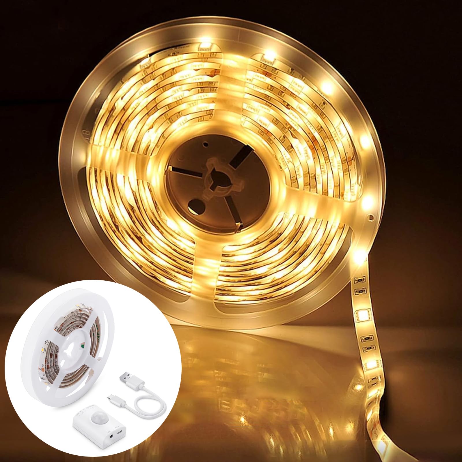 Rechargeable LED Strip Lights 1.5M, Motion Sensor Wardrobe Light Warm White, LED Lights for Kitchen Units, Bedroom