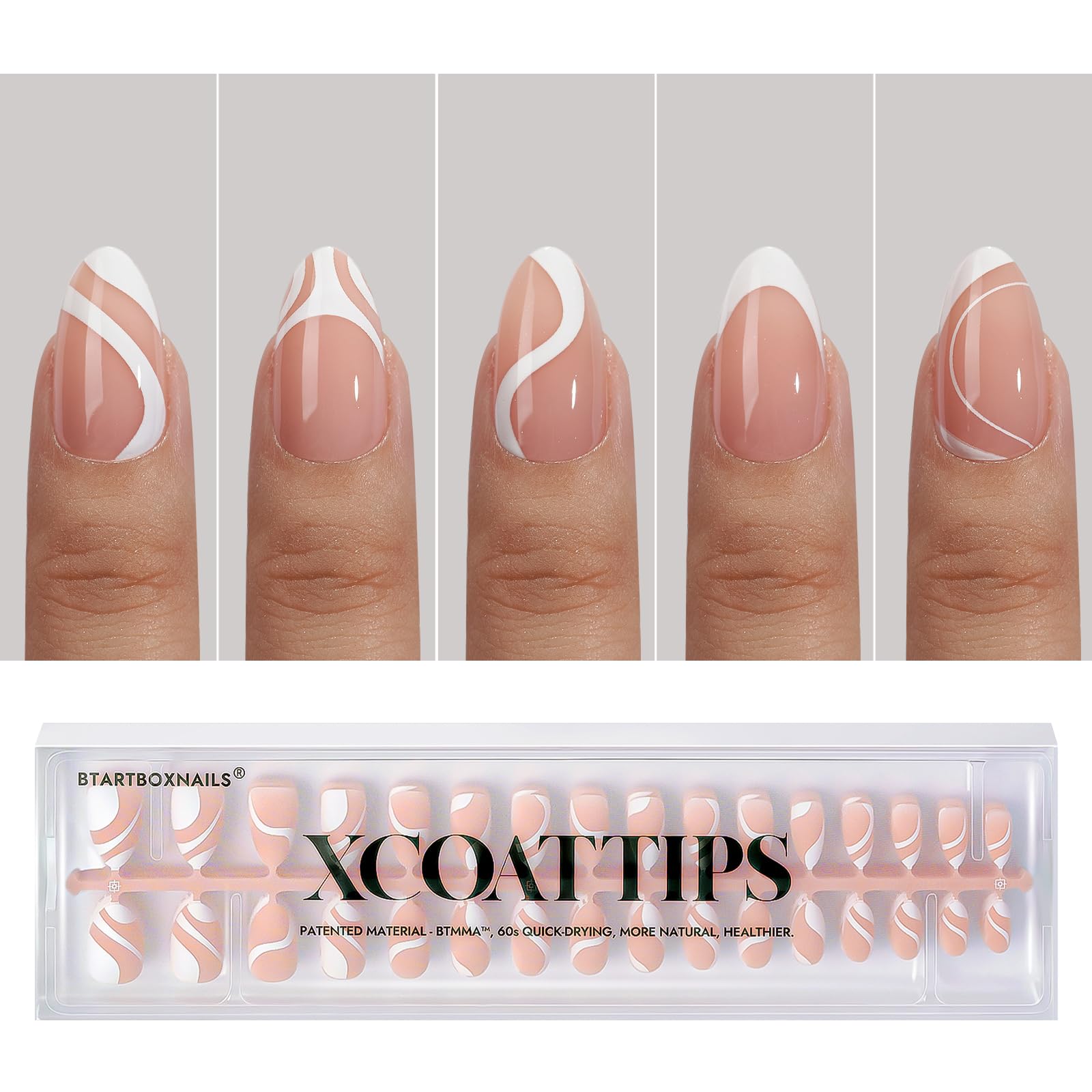 Photo 1 of BTArtbox French Tip Press on Nails - 5 Styles XCOATTIPS Short Almond Nails, Pre-Designed Swirl Soft Gel Nail Tips, Ultra Fit False Nail, Soak Off Acrylic Fake Nails Extensions for Easy DIY Nail Art