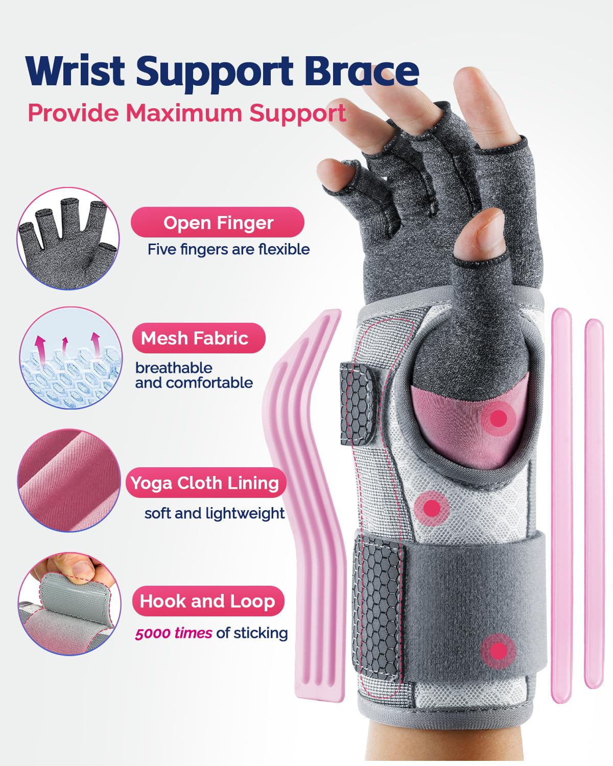 FEATOL Compression Arthritis Glove with Wrist Brace, Comfortable Fingerless Carpal Tunnel Hand Gloves for Women Night Support, Pain Relief for Rheumatoid Arthritis, Work, Typing - Right Hand, Medium