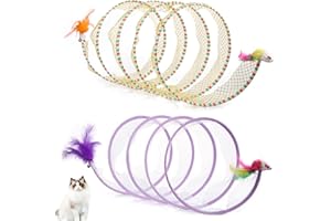 TOYMIS 2pcs, Folded Cat Tunnel Spring, 10in Large Size Portable Cat Toy Spiral Tunnel, with Synthetic Feather and Toy Mouse Tunnel Spring Outdoor Puppy Kitten Generic (Striped Yellow, Purple)
