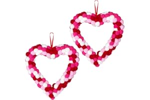 ANVAVO 2 Pieces Valentine's Day Heart Felt Pom Pom Wreath 13 Inch Heart Wreath Valentine Door Hanger Pink Heart Felt Ball Garland for Wedding Engagement Anniversary Home Indoor Outdoor Decoration