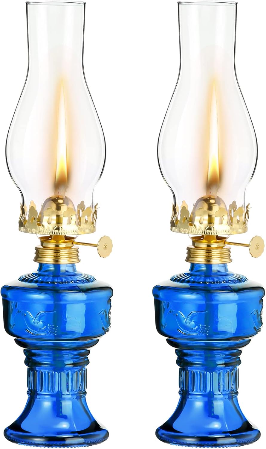 Oil Lamps & Accessories - 2 Pcs Chamber Oil Lamps for Indoor Use Vintage Kerosene Lamp Clear Hurricane Lamp Rustic Kerosene Lantern with Adjustable Fire Wick Lighting Oil Lantern for Home Emergency Lighting, 13'' High (Blue)