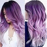 Wiwige Long Curly Wavy Ombre Purple Wigs for Women Synthetic Natural Middle Part Daily Party Halloween Cosplay Wig with Wig Cap 21"