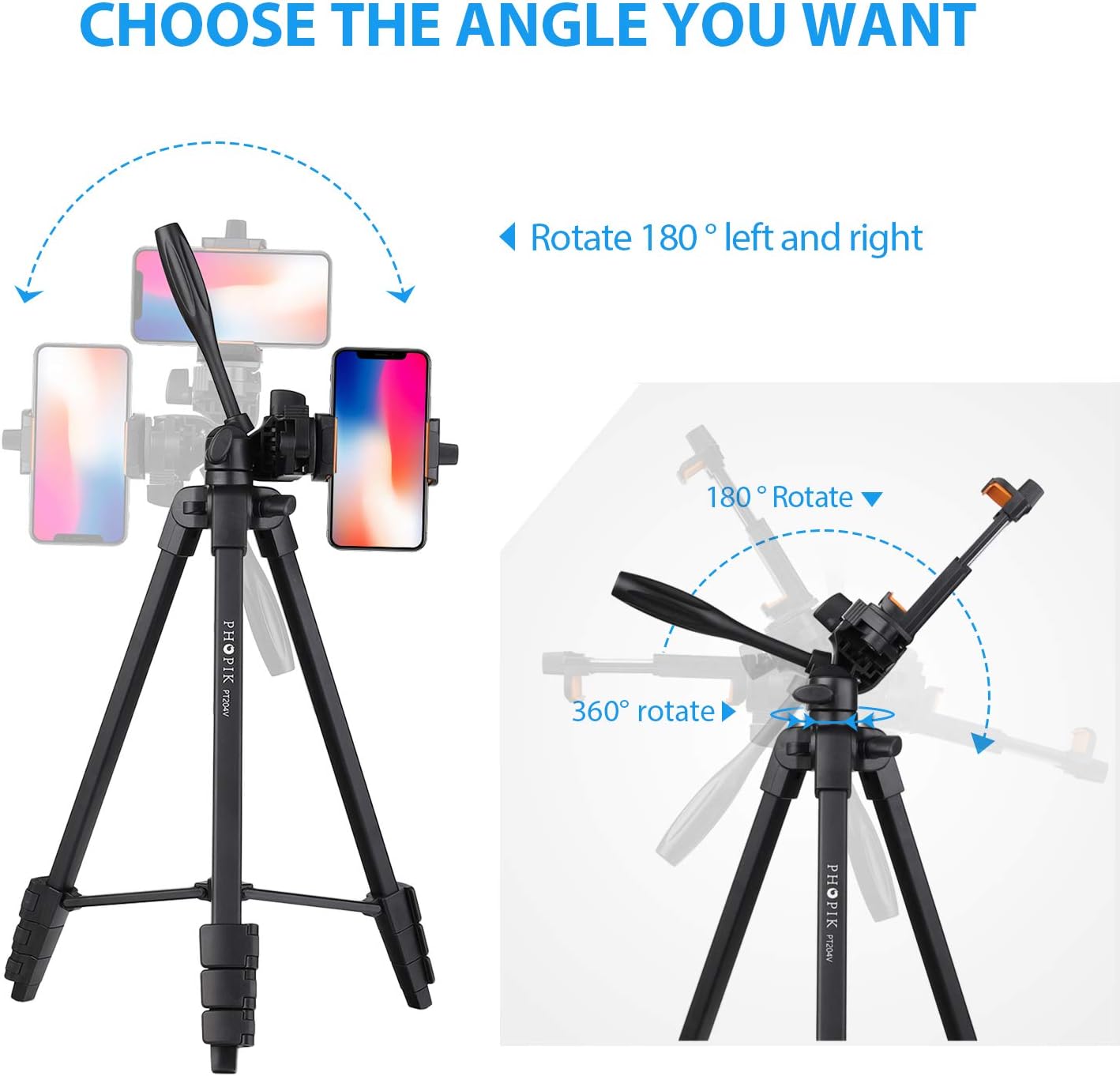 PHOPIK Phone Tripod 55 inches, Aluminum Travel/Camera/Mobile Phone Tripod with Carrying Bag with a Maximum Load of 6.6 pounds, Remote Shutter, Compatible with Smartphone & Tablet & Camera.: Camera & Photo