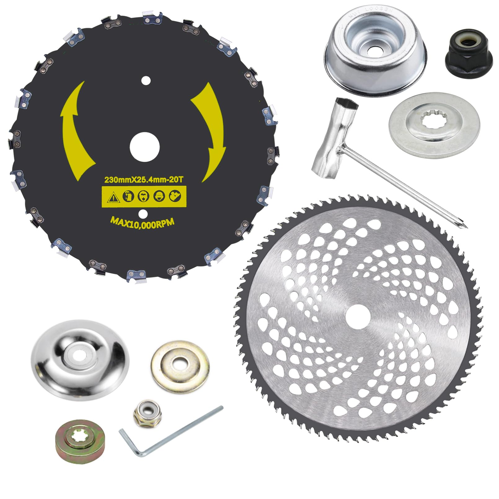 Photo 1 of **MISSING PARTS***9" x 20 Teeth Chainsaw Tooth Brush Cutter Blade & 10" x 80 Teeth Carbide Tip Weed Eater Blades, Weed Wacker Blade for Brush Cutter, Trimmer, Weed Eater, Yellow