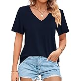 JROWI Women Shirt Short Sleeve V Neck Cotton T-Shirts Basic Tee Tops