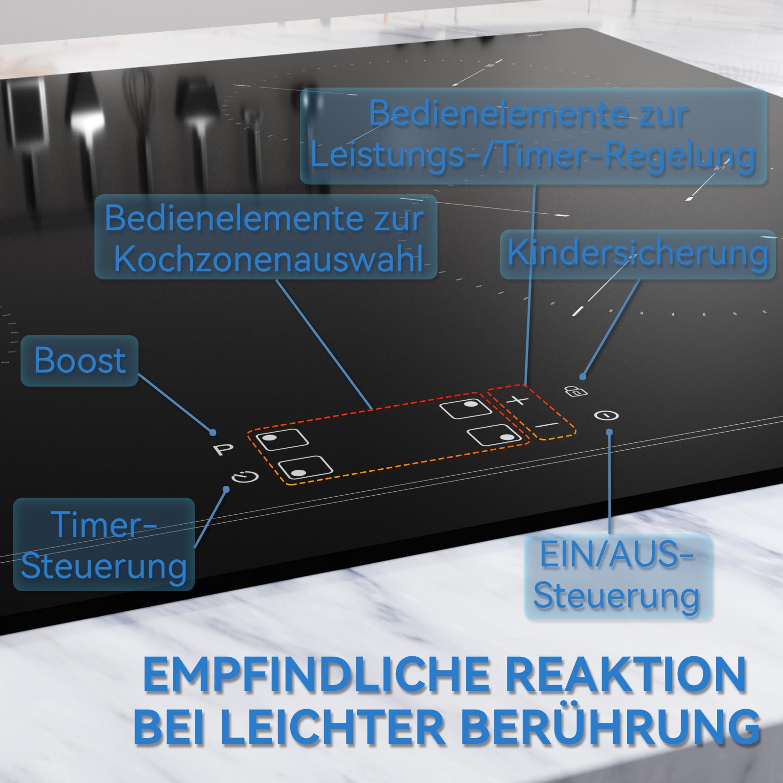 Hermitlux Induktionskochfeld 60cm, Einbau Kochfeld 4 Zonen mit Booster, 9 Leistungsstufen, Touch-Bedienung, Kindersicherung und Timer, 7200W 4
