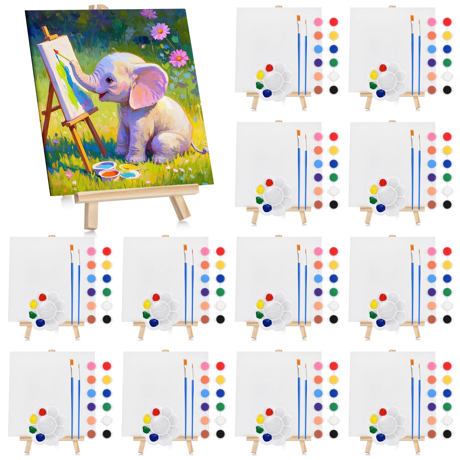 Photo 1 of 12 Set Acrylic Paint Canvas Set – 6x6 Inch Mini Canvas Painting Kit with 12 Wood Easels, 24 Brushes, 12 Paint Sticks, 12 Palettes – Art Supplies for Kids & Beginners, Ideal for Parties & DIY Painting