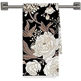 Fyecoluo Vintage Peony Floral Kitchen Towels Decorative, Rustic Black White and Gold Flower Botanical Dish Hand Tea Towels, Cottagecore Floral Kitchen Bathroom Decor, 16x24 Inch