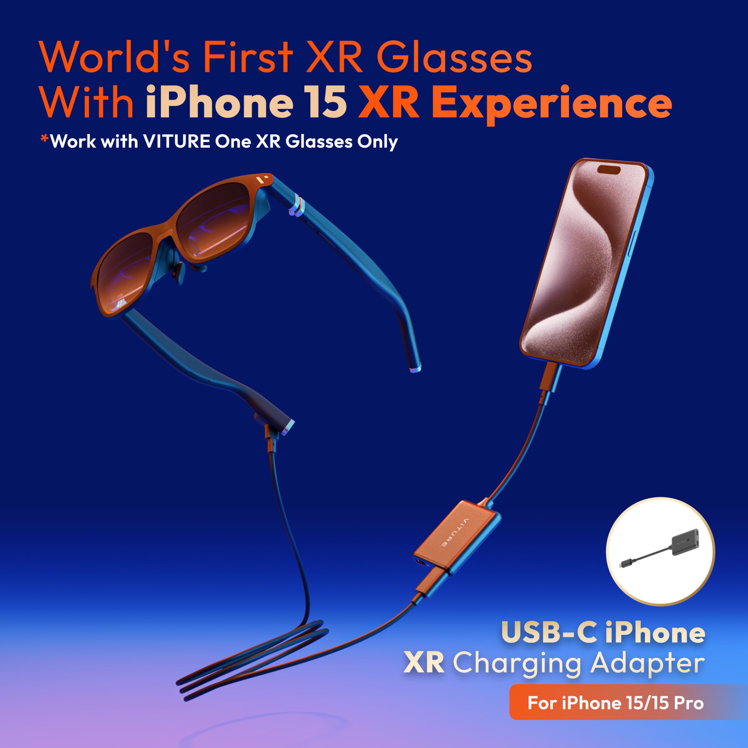 VITURE One for USB-C iPhone Pack: XR Glasses & USB- C XR Charging Adapter: Seamless Support on Spatial Video, Multi-Screen, Enhanced 3DoF, 1-Click 3D, VR Video, Fits iPhone 16/15, Charge and Play