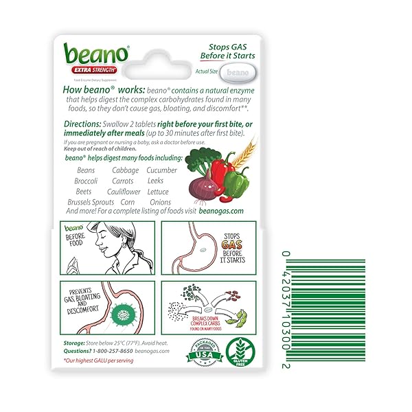 BEANO DIGESTIVE ENZYME, PREVENTIVE GAS RELIEF FOR ADULTS, HELPS PREVENT GAS & BLOATING, 100 TABLETS