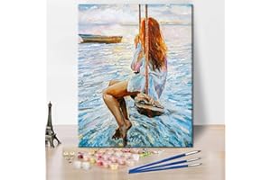 TUMOVO Paint by Number Kit, Girl and Swing Ocean Oil Painting for Adults Kids, 16x20 Inch Canvas, Acrylic Number Painting DIY Arts
