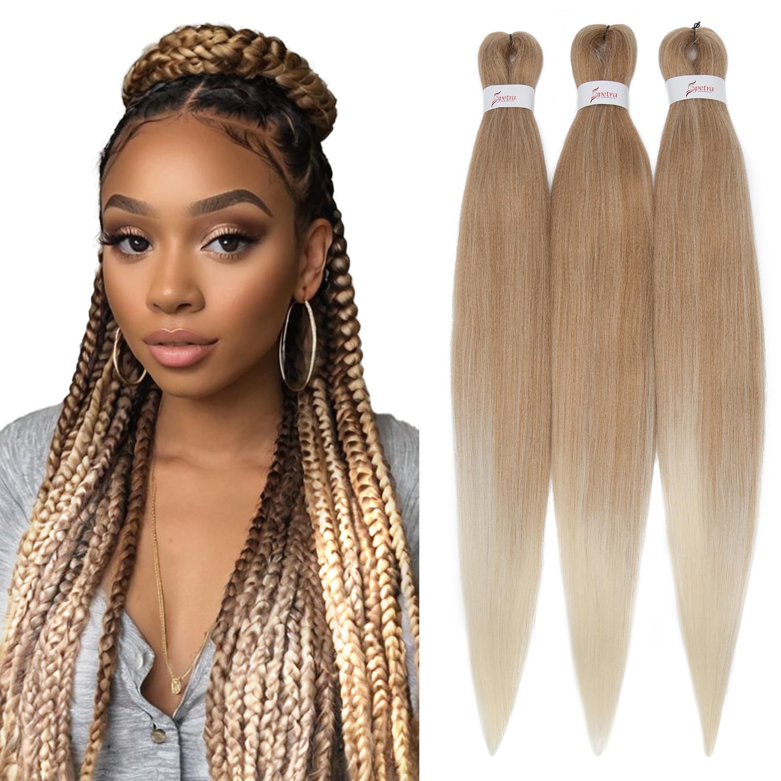 S-noilite Long EZ Braids Pre-Stretched Easy Braiding Hair Extensions for Crochet Box Twist Braids Ombre Yaki Texture Synthetic Hair Hot Water Setting,26 Inch 3 Packs 270g,Ash Blonde to Bleah Blonde — image 1