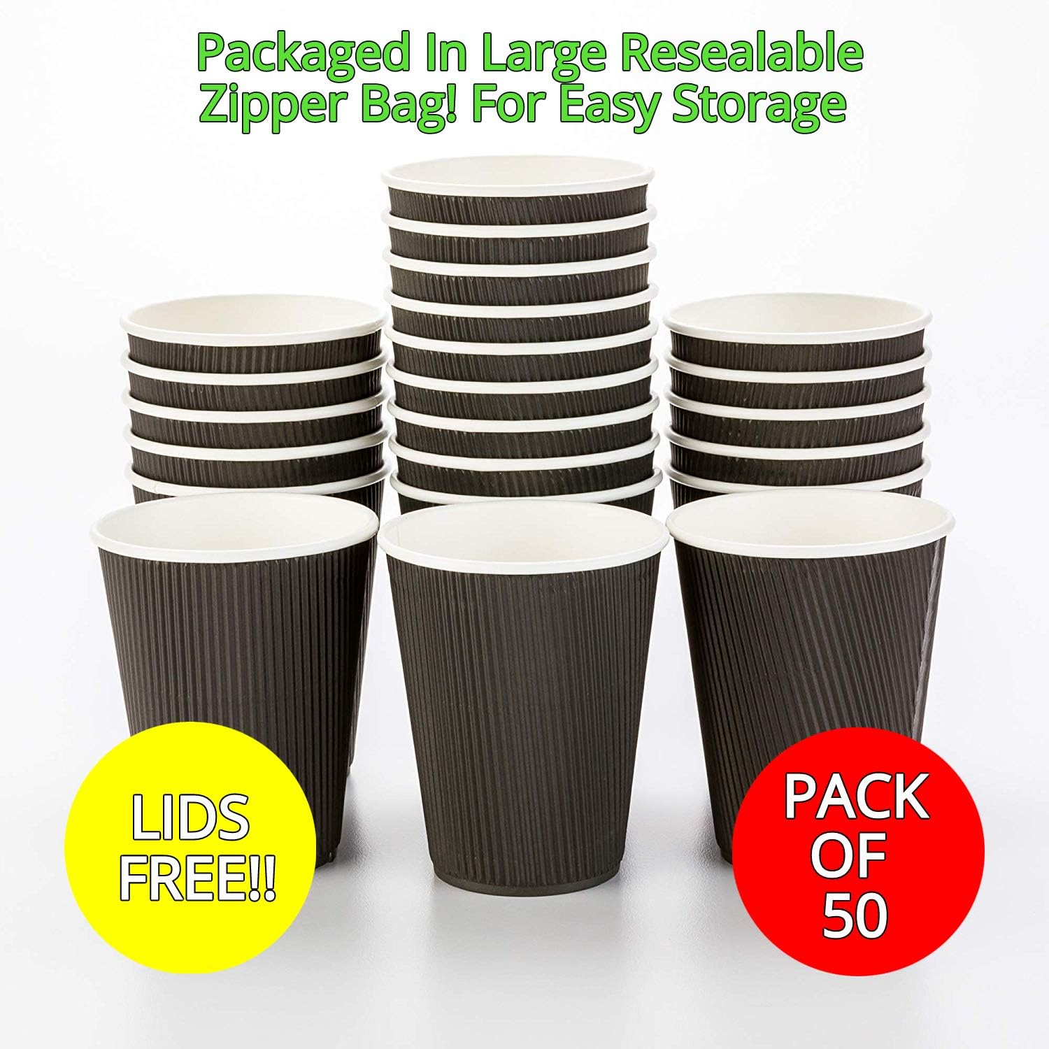 VertigoStrore Disposable Takeaway Paper Coffee Cups with Lids - Ripple Triple Wall Insulated Black Cups - Set of 50- Perfect for Partys, Hen do, Birthdays! Tea/Coffee/Hot Chocolate and hot Drinks