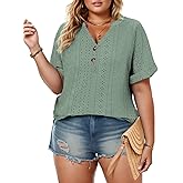 VISLILY Womens-Plus-Size-Summer-Tops Roll Short Sleeve V Neck T Shirts Trendy Eyelet Blouses Cute Buttons Up Tunics Tee