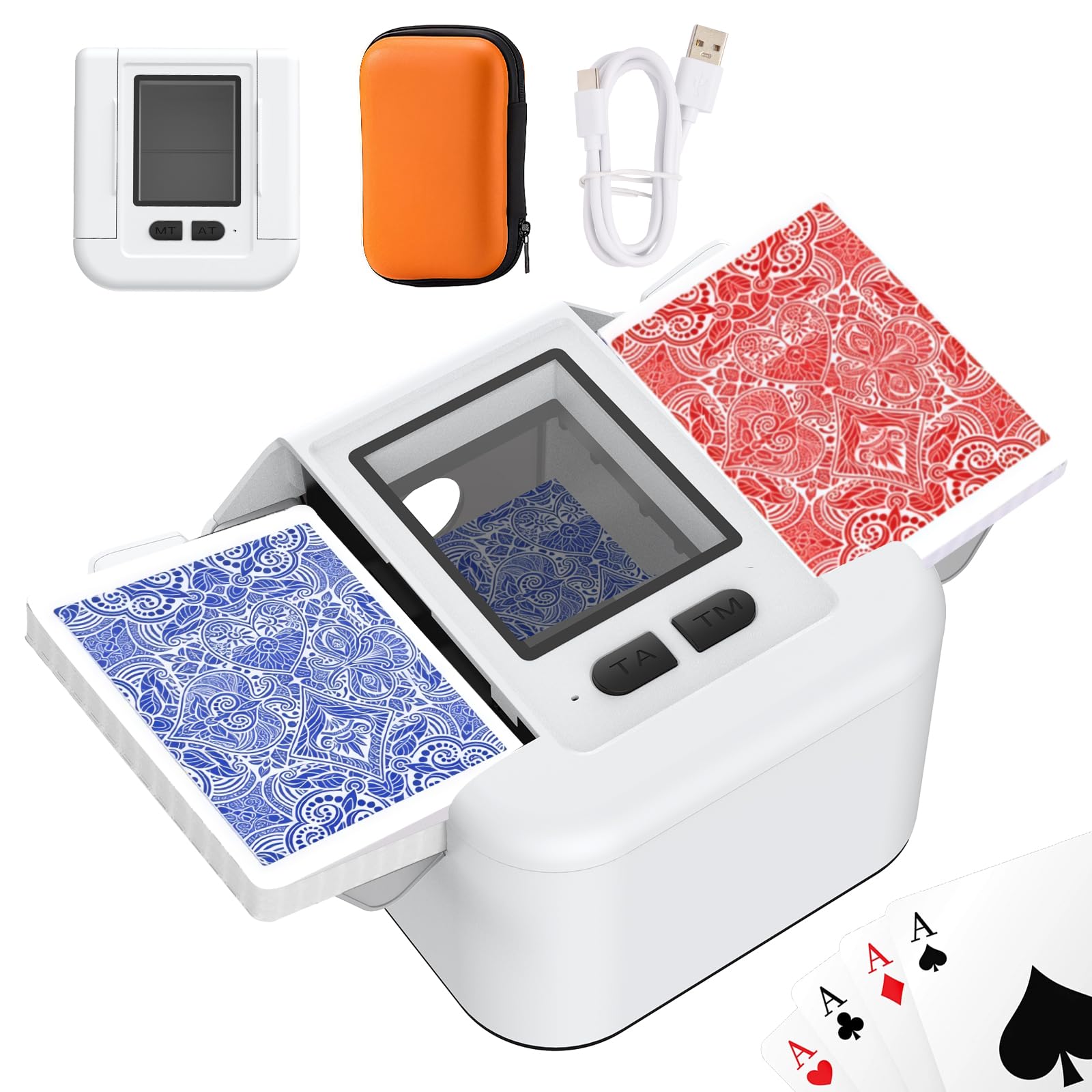 Automatic Card Shuffler Rechargeable for 1-2 Decks, USB-C Charge, Low Noise Fast Shuffler, Foldable Portable Auto Shuffler for UNO Skip-Bo Canasta Texas Hold'em + Playing Card Case (M2-White)