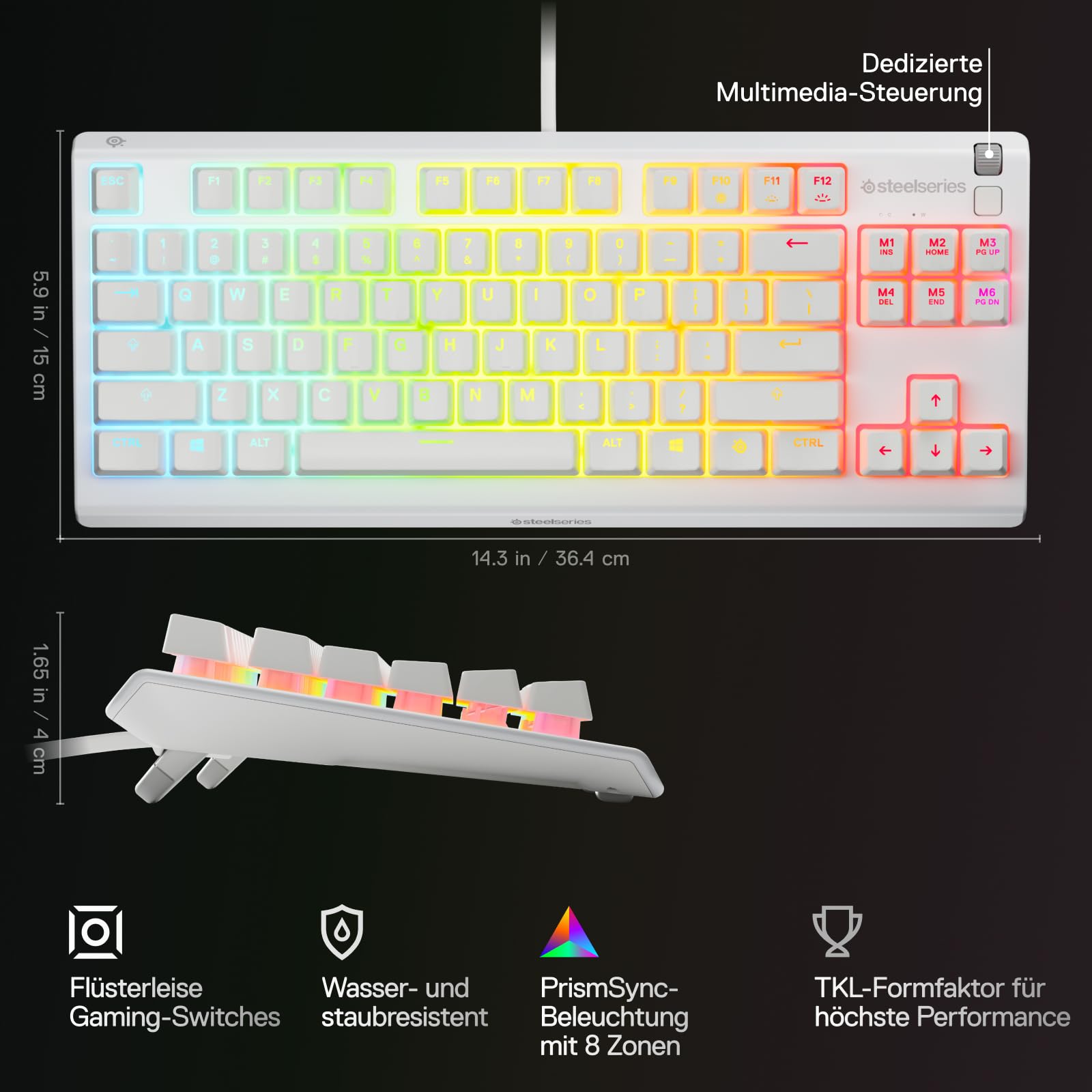 SteelSeries Apex 3 TKL White RGB Gaming-Tastatur – Kompakter Tenkeyless-Formfaktor – 8-Zonen-RGB-Beleuchtung – Wasser- und Staubresistenz – Flüsterleise Gaming-Switches - DE Layout QWERTZ 3