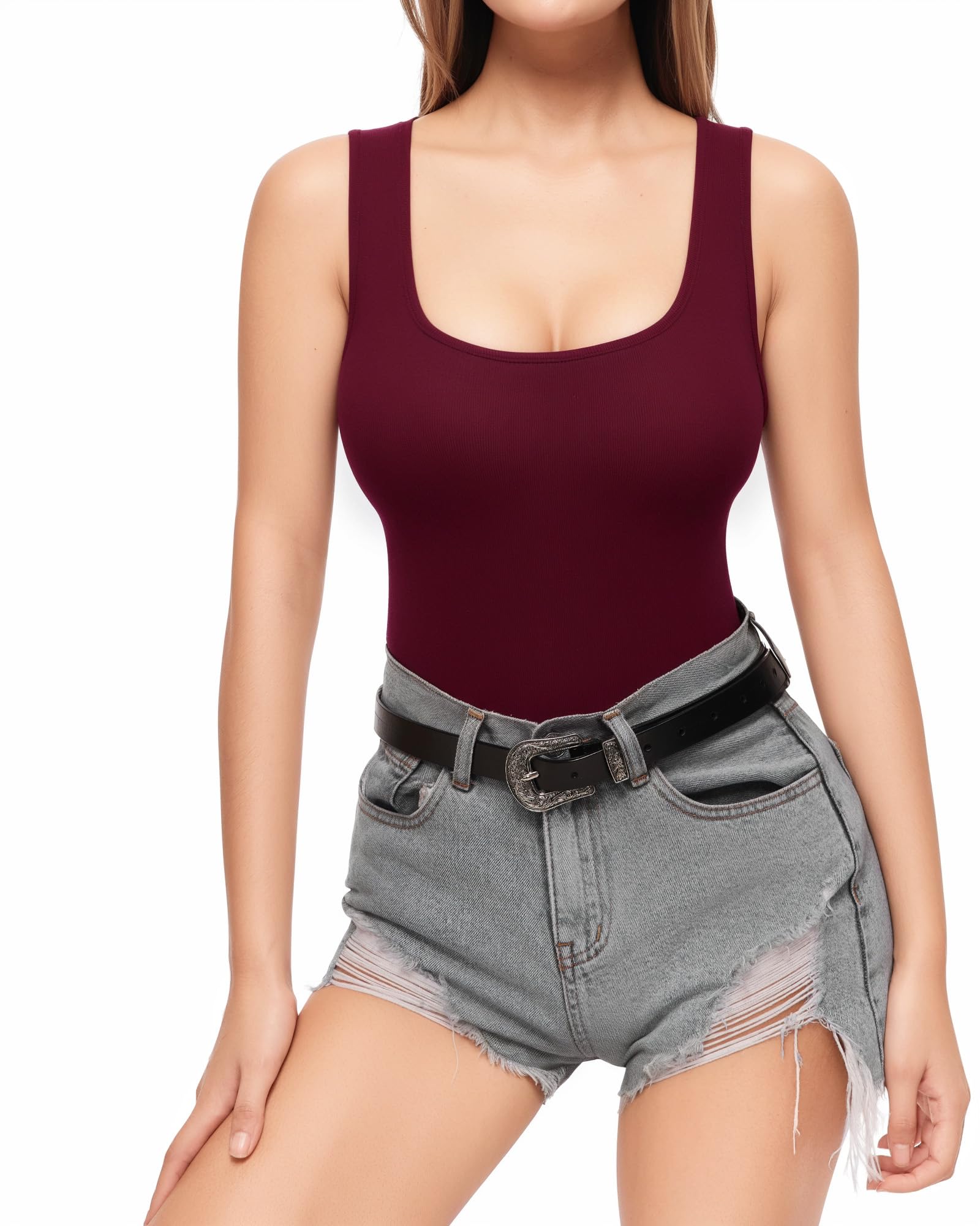 Photo 1 of ALGALAROUND Scoop Neck Tank Top for Women Cotton Basic Sleeveless Slimming Tanks T-Shirt (Sleeveless Burgundy,Large)