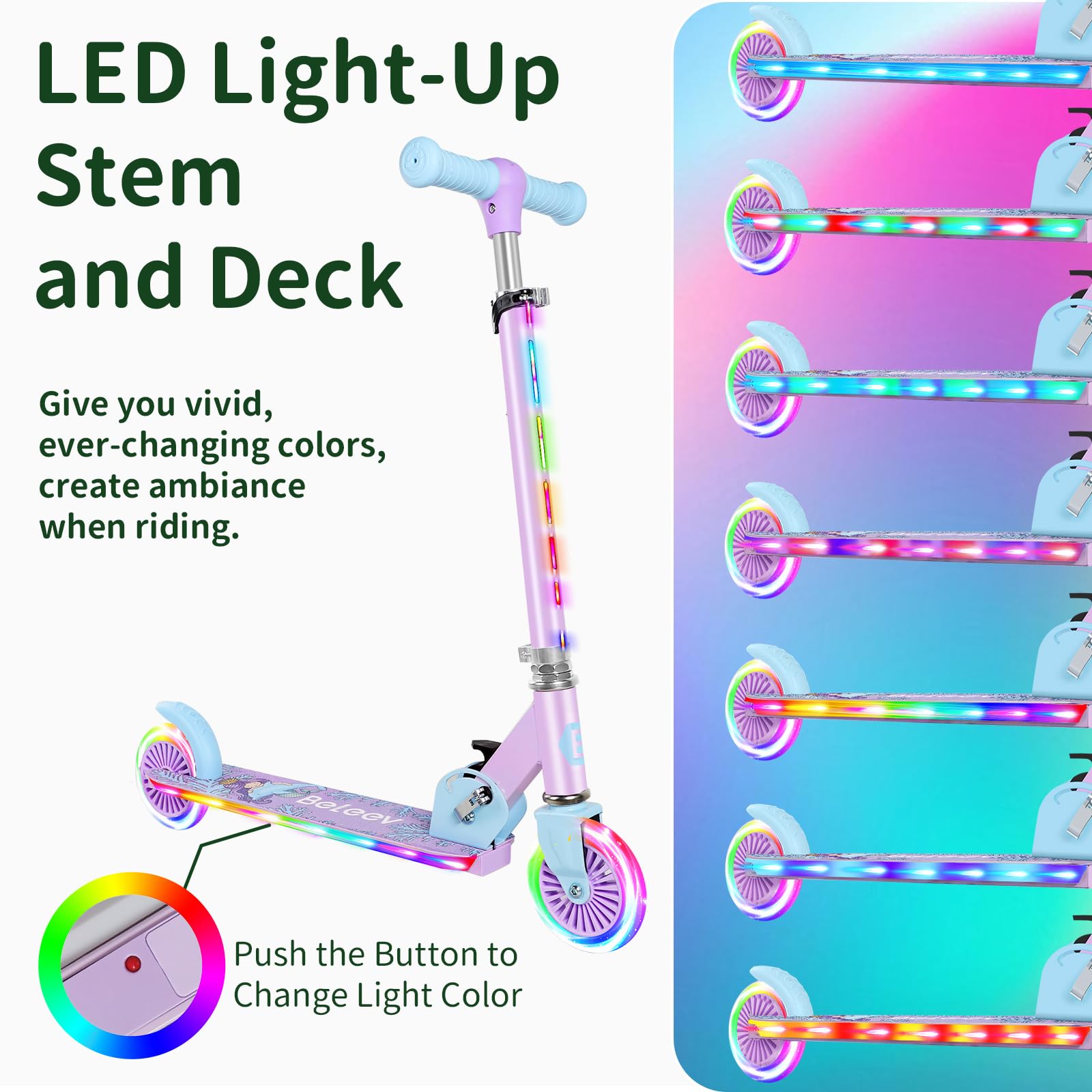 BELEEV V2 Scooters for Kids with Light-Up Wheels & Stem & Deck, 2 Wheel Folding Scooter for Girls Boys, 3 Adjustable Height, Non-Slip Pattern Deck, Lightweight Kick Scooter for Children Ages 3-12