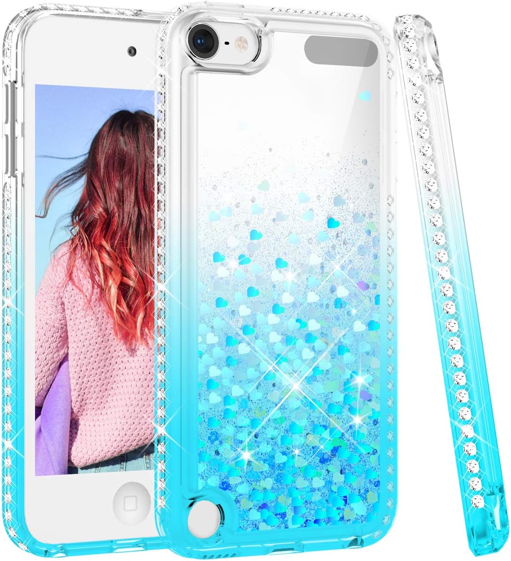 Maxdara Glitter iPod Touch 5 6 7 Case, iPod 5th 6th 7th Generation Case for Girls Children Liquid Bling Sparkle Rhinestone Diamond Pretty Case for iPod Touch 5th 6th 7th (Teal)