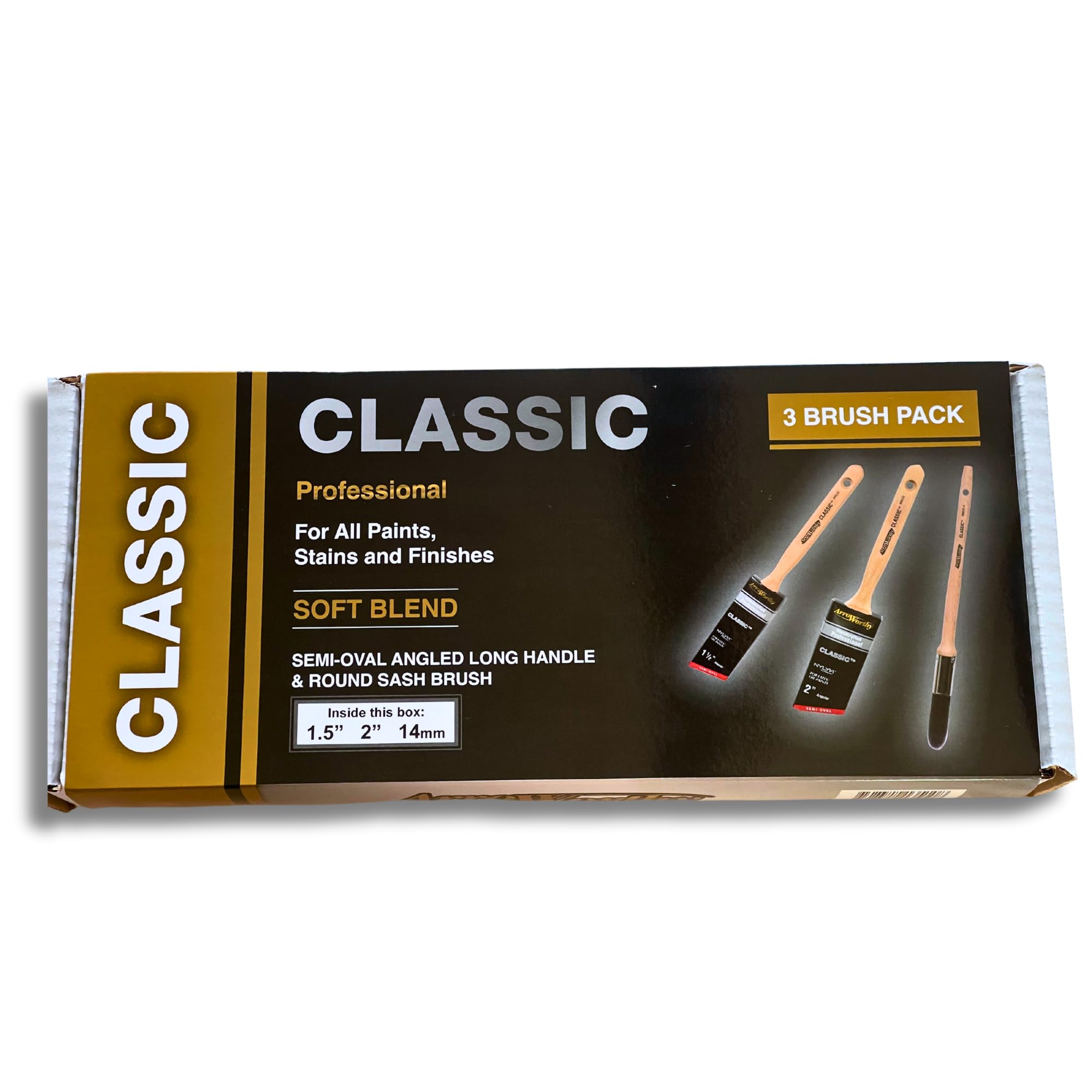 Arroworthy Box Brush Set, 1 x 1.5" Angled, 1 x 2" Angled Long Handle, 1 x 14mm Sash Round