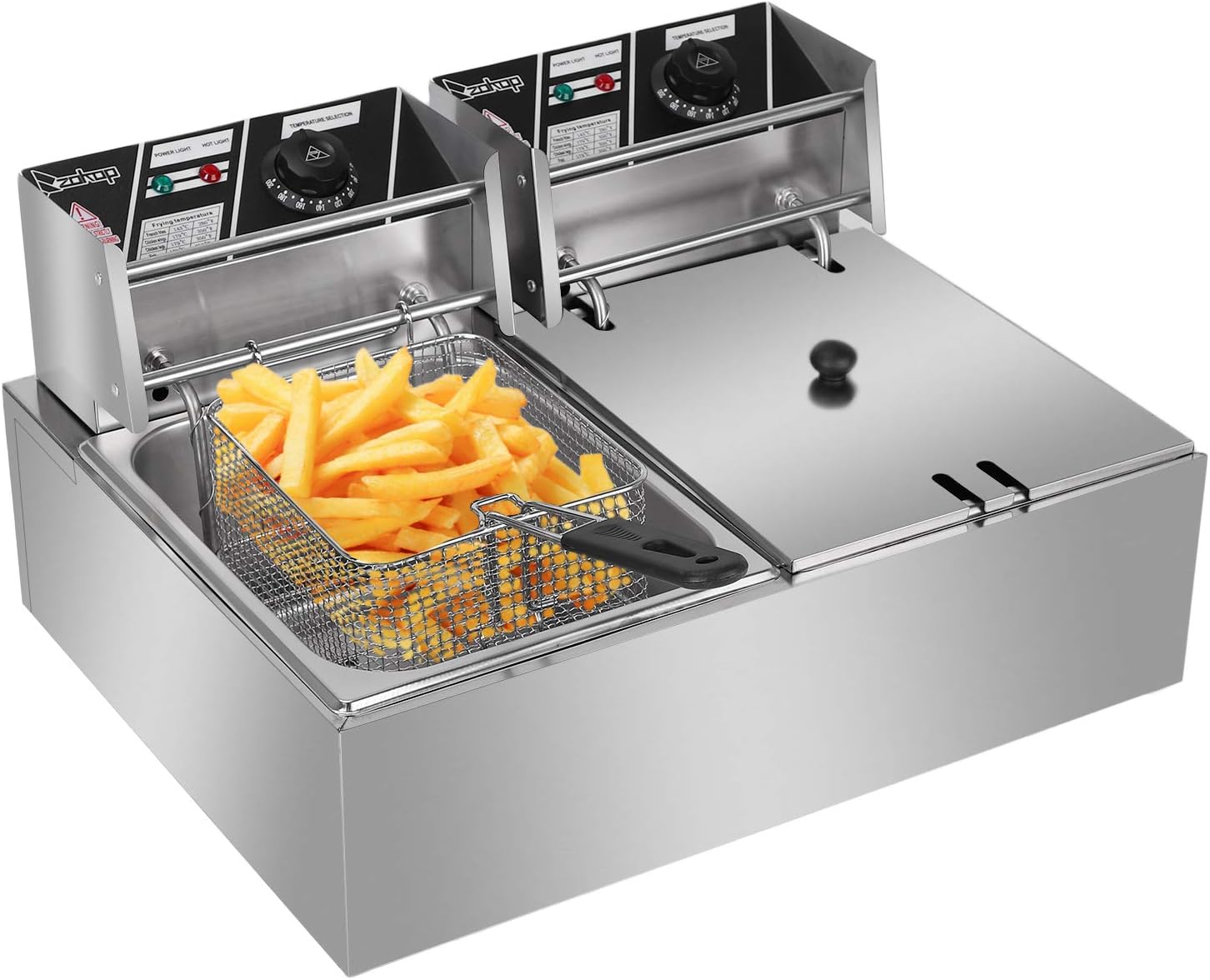 ZOKOP EH82 2500W 220-240V 12.7QT/12L Stainless Steel Double Cylinder Electric Fryer UK Plug