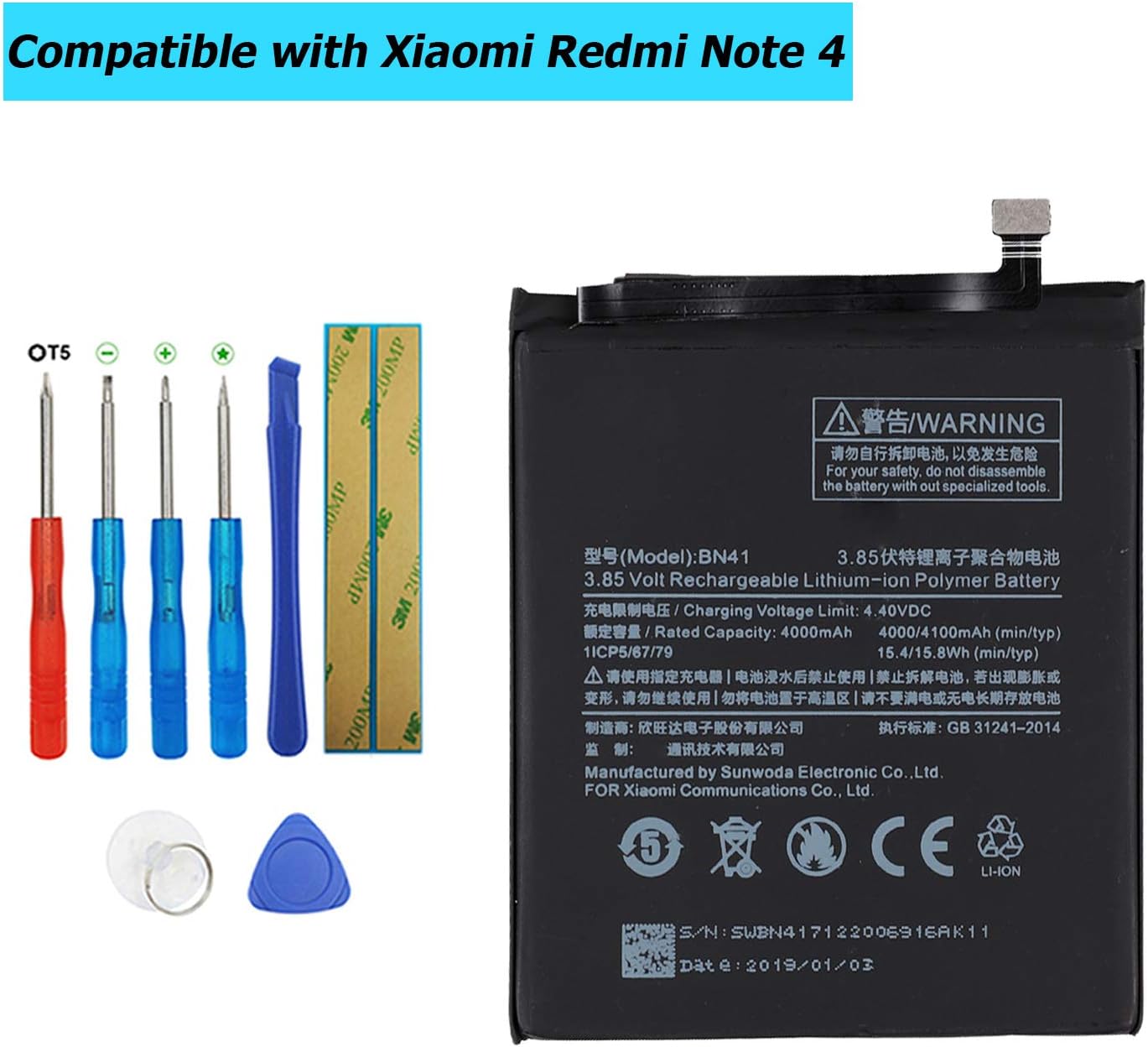 Upplus BN41 Replacement Battery Compatible with MI Xiaomi Redmi Note 4 3.85V 4000mAh with Toolkit