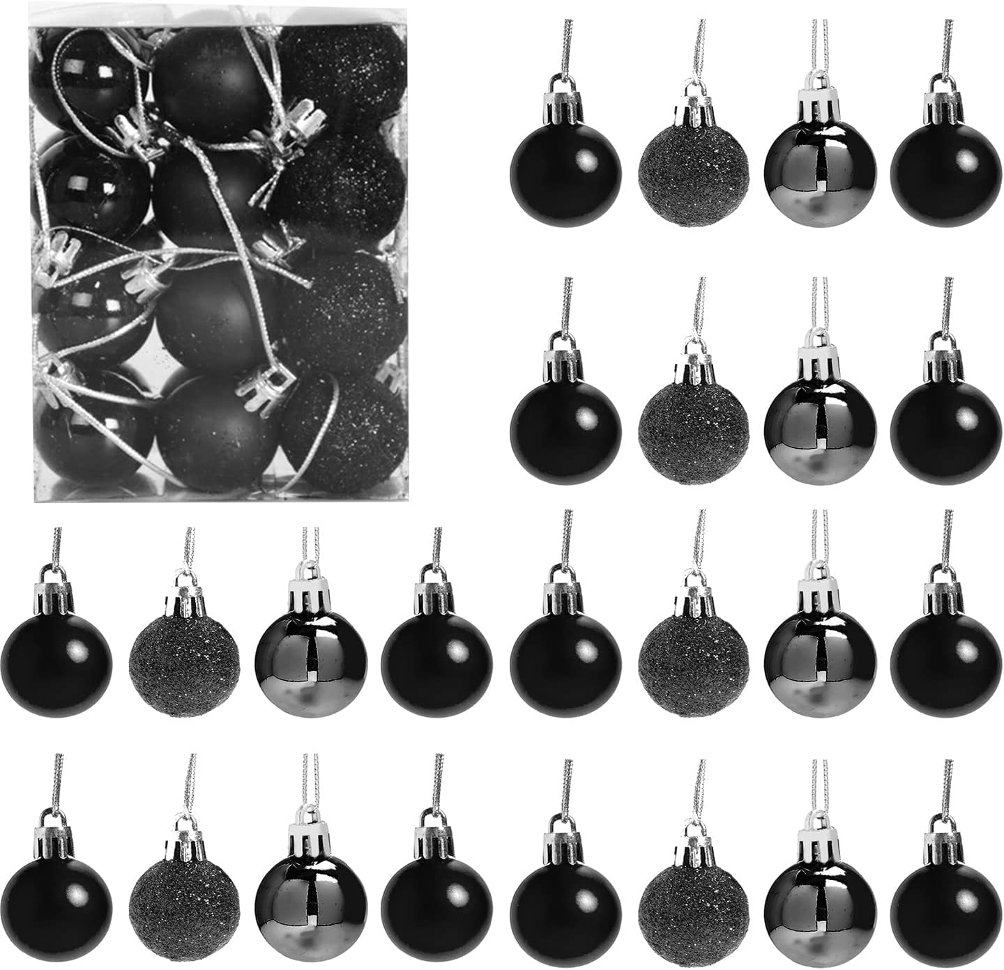 30mm/24Pcs Christmas Baubles Shatterproof Black, Christmas Tree Decorations Ball Ornaments Balls Xmas Hanging Decorations Holiday Decor - Shiny,Matte,Glitter